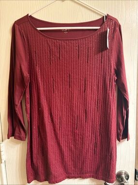 LOFT Wine Red Long Sleeve Sequin-Striped Tunic